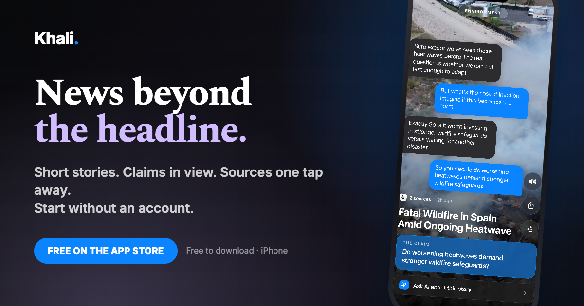 Khali news app showing short stories, claims, sources, and guest access